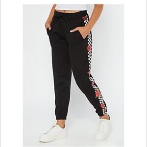 Black (Size L) Black & Rose Print Checkerboard Pattern Panel Pull-on Joggers